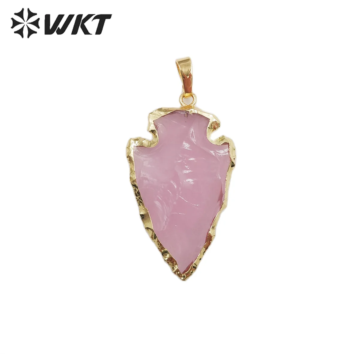 WT-P1878 New Material Fashion Gold trim Natural Pink Opal Arrowhead In 1.5 Inch Pendant Stone Hand Carved Necklace ACC