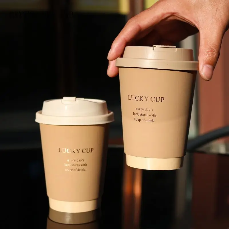 50pcs 330/400/500ml Disposable Paper Cups Brown Hot Stamping Milk Cup Tea with Lid Double-layer Hot Cold Drink Coffee Mug