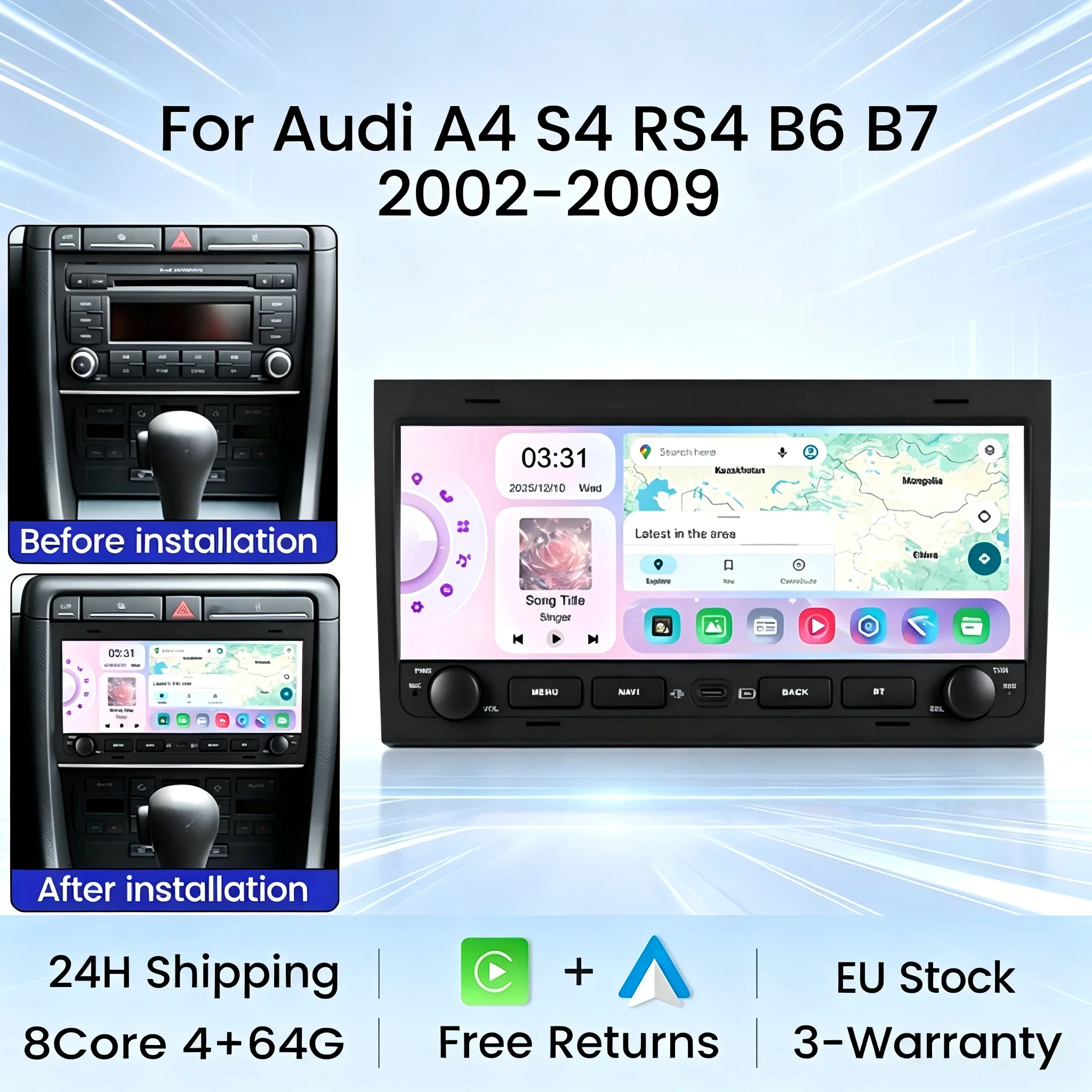 Nouveau style! Autoradio stéréo sans fil Carplay Android Auto 10,26 pouces pour Audi B6 B7 A4 S4 RS4 SEAT Exeo 2002 -2009, système intelligent de navigation GPS, lecteur multimédia stéréo RDS FM BT 4G WIFI DSP