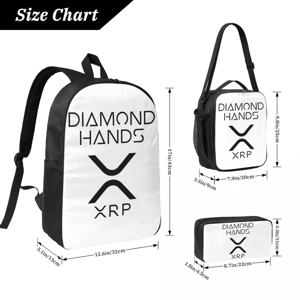 XRP Ripple Crypto Diamond Hands Backpack Student BookBag School Bag Computer Shoulder Bags 3ps Insulated Lunch Bag Pencil Case