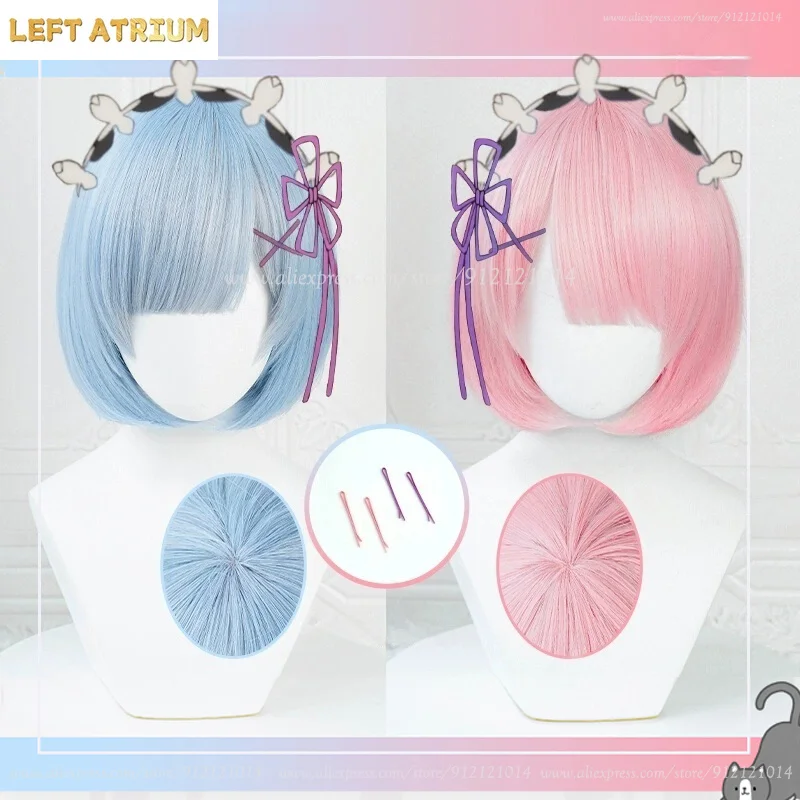 Rem/Ram Cosplay Wig 30cm Blue/Pink Gradient Wigs Cosplay Anime Cosplay Wigs Heat Resistant Synthetic Hair Halloween + Wig Cap