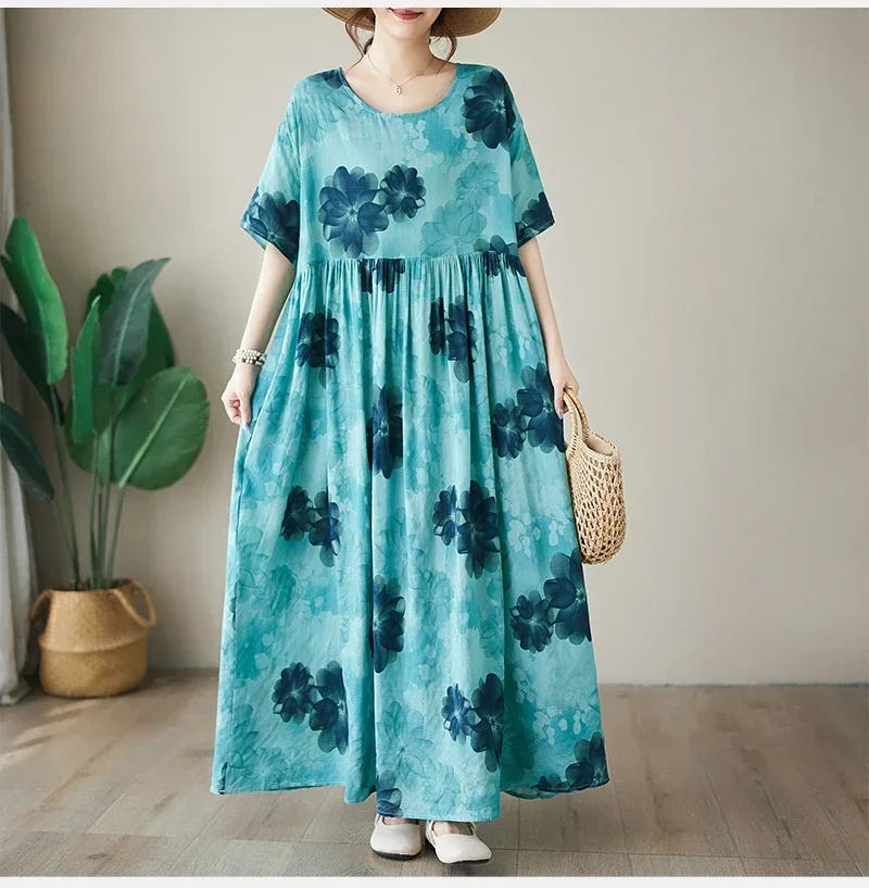 

New Summer Dress Women Oversized Print Robe Casual Beach Style Loose Floral Cotton Long Ladies Dresses Vestidos E7164
