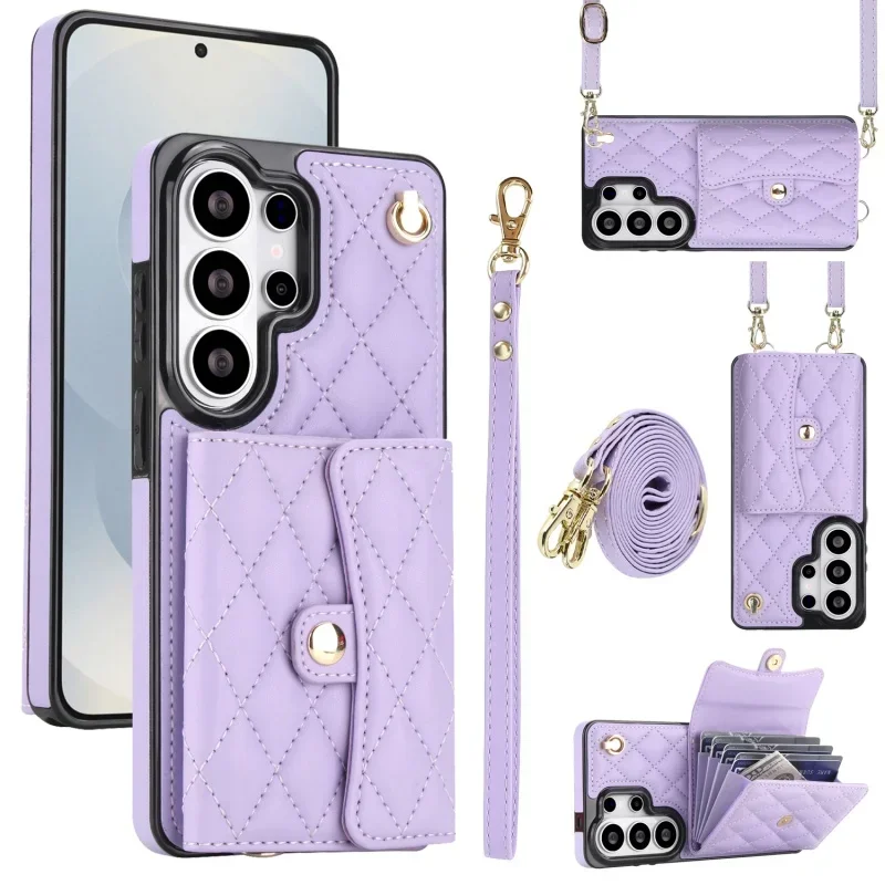 Leather Wallet Phone Case For Samsung Galaxy S26 S25 S24 Ultra Plus FE A16 A15 with Crossbody Wrist Strap And Card Holder Cover