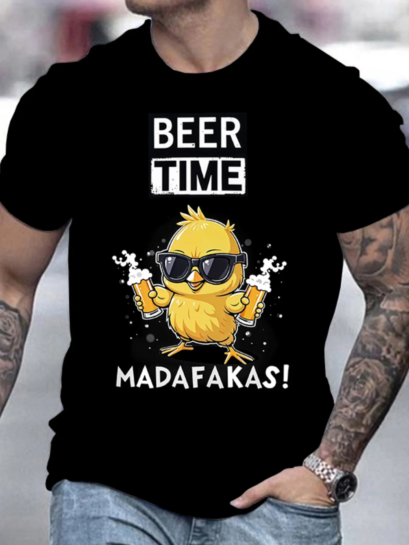 Chicken Drinking Beer Printed T-shirts Men's Casual Round Neck Short-sleeved Top