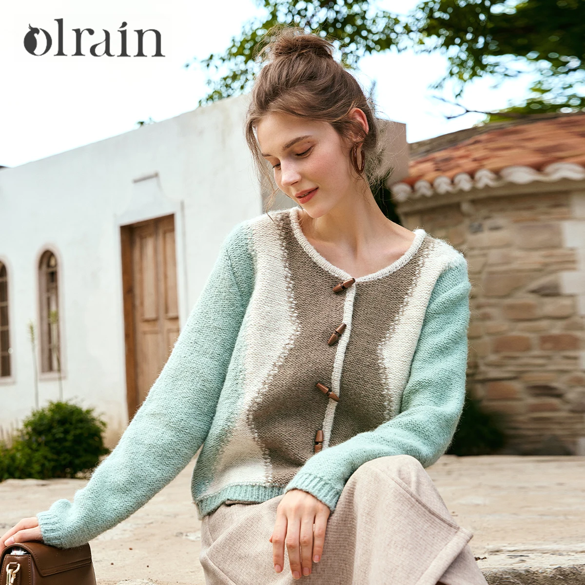 OLrain Spliced Geometric Knit Cardigan Women 2025 Spring Commute Casual Wide Crewneck Long Sleeve Ladies Sweater E56QM93932