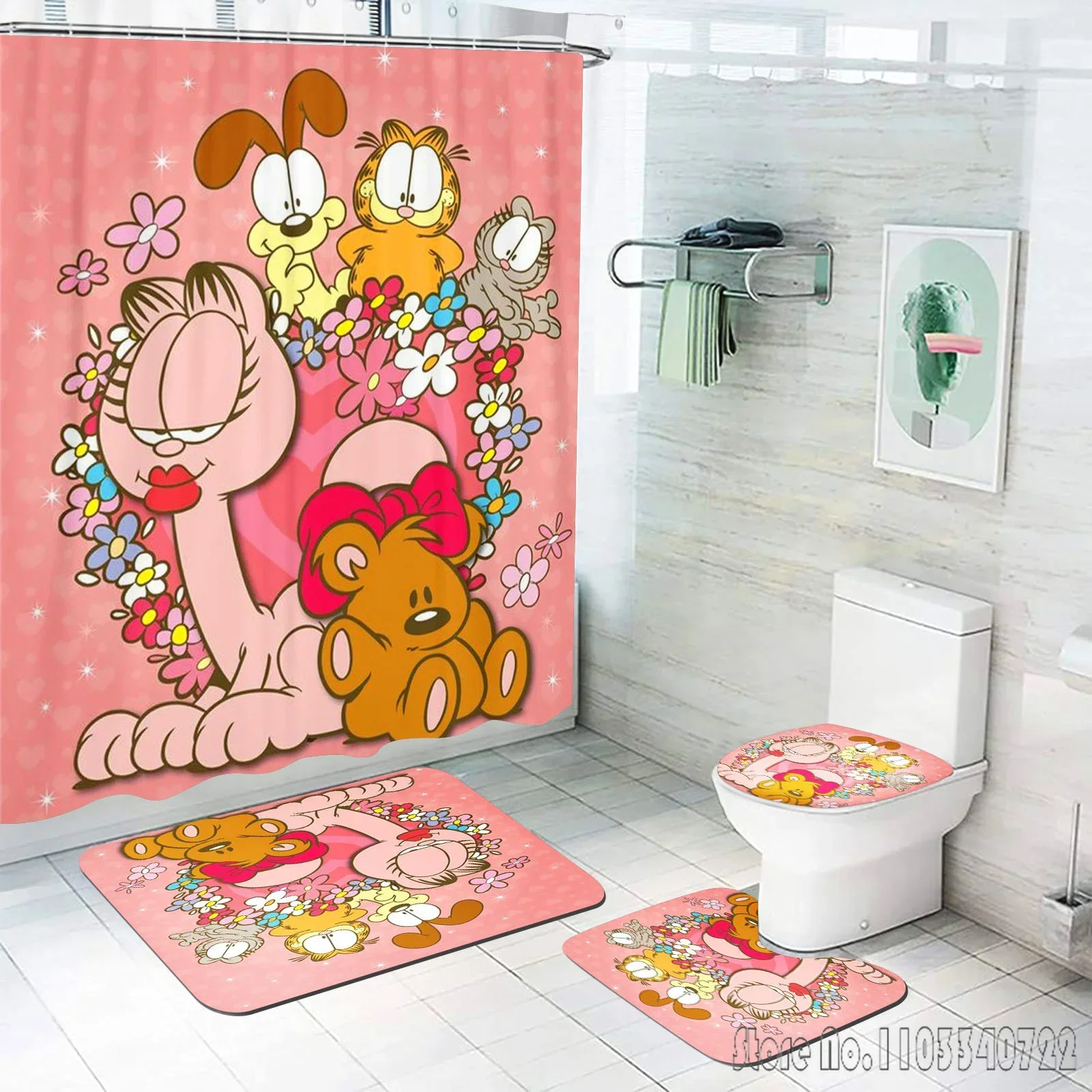 Disney G-Garfield Cat Bath Shower Curtain Set 4pcs with Hooks Waterproof Bathroom Toilet Mat Lid Decor