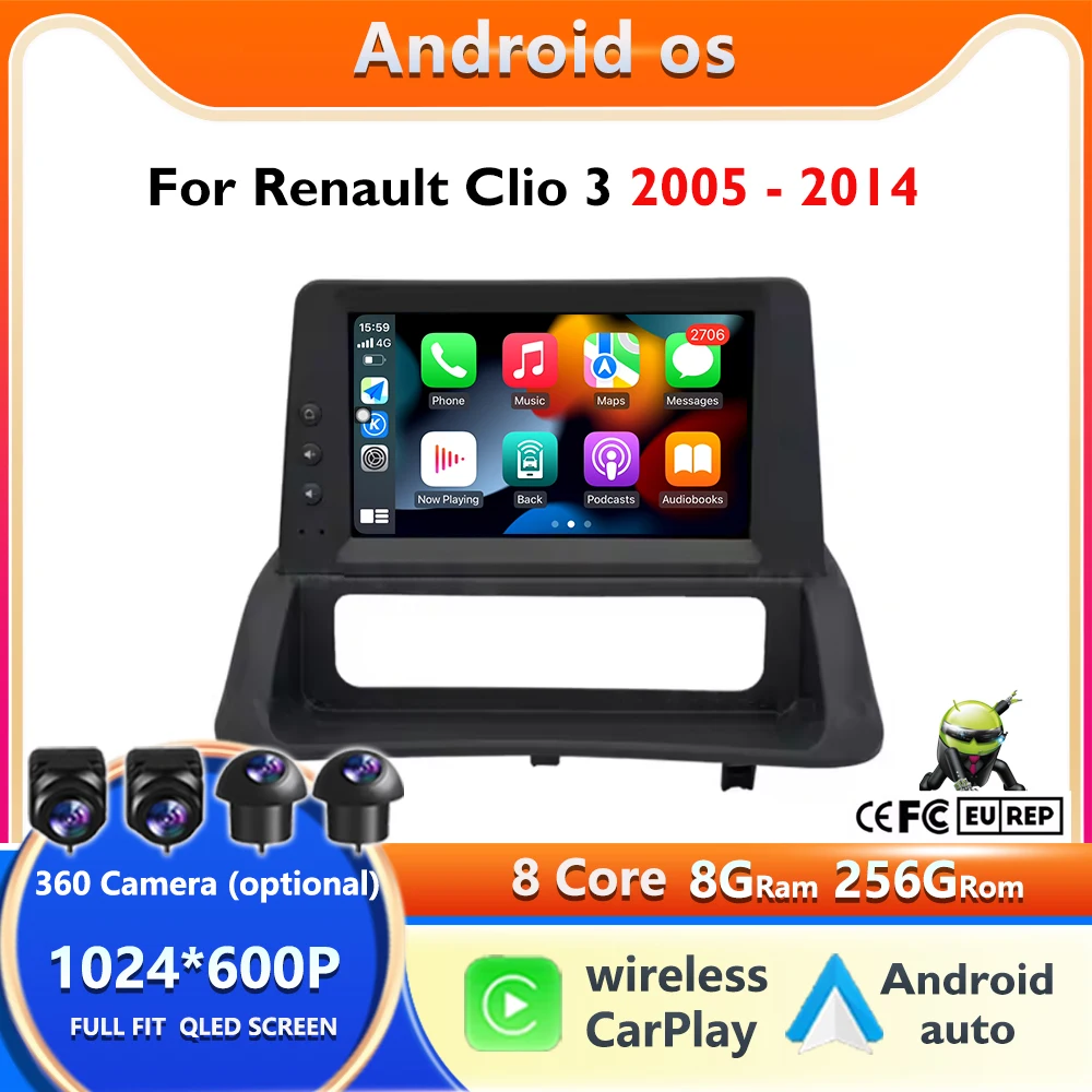 Android 16 Radio For Renault Clio 3 2005 - 2014  Autoradio Multimedia Player Carplay Android Auto GPS Bluetooth WiFi DSP Stereo