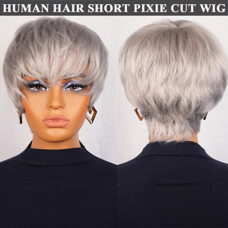 رمادي اللون عابث قصيرة مستقيمة الطبقات البرازيلي باروكة من شعر طبيعي للنساء 6 بوصة آلة صنع غطاء شبكي وردي لا ذرف شعر مستعار #1