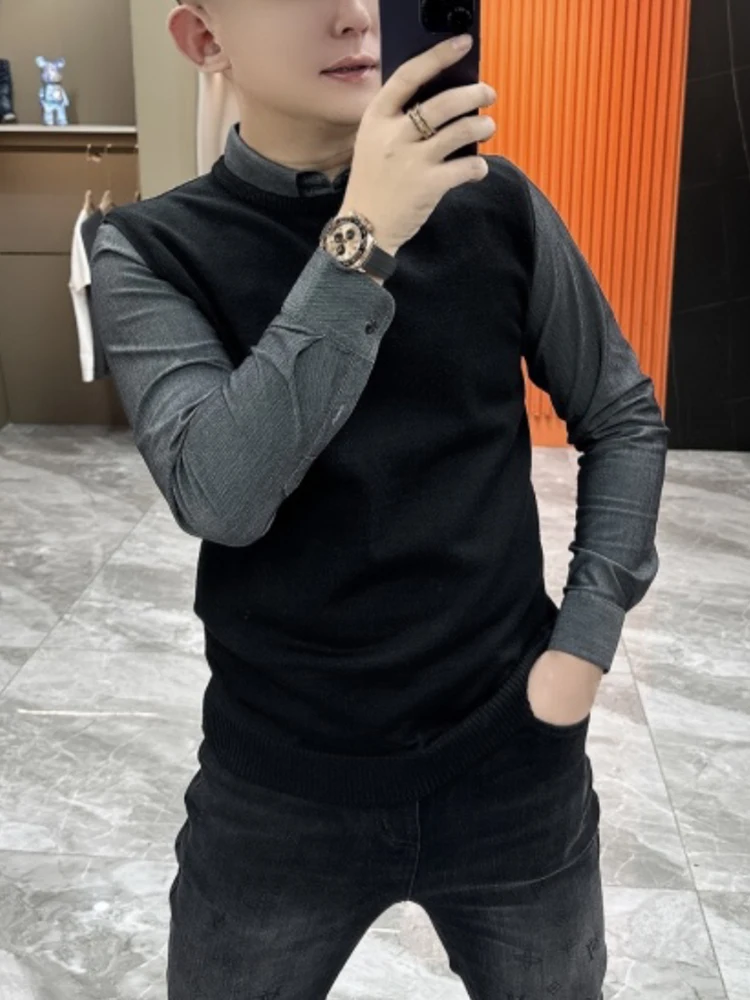 

Мужской вязаный свитер на осень-зиму, приталенный, однотонный, в стиле casual, с эффектом двухслойности, модная городская одежда