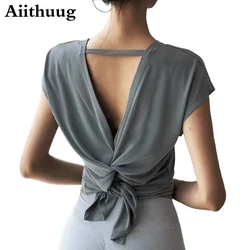 Aiithuug Girocollo Twist Design Indietro Yoga Top Gilet ampio alla moda da donna Top traspiranti ad asciugatura rapida Esercizio Pilates Cover-up