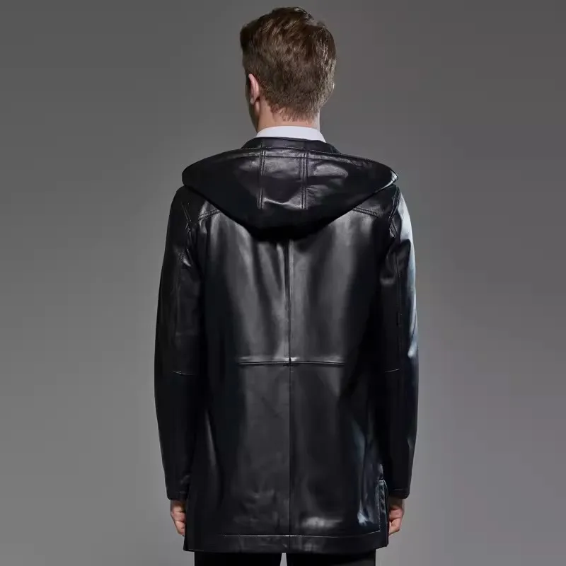 Oversized Men's Autumn And Winter Black Leather Jacket Hooded Male Plus Size Medium Length Sheepskin Trench Big Size Coat