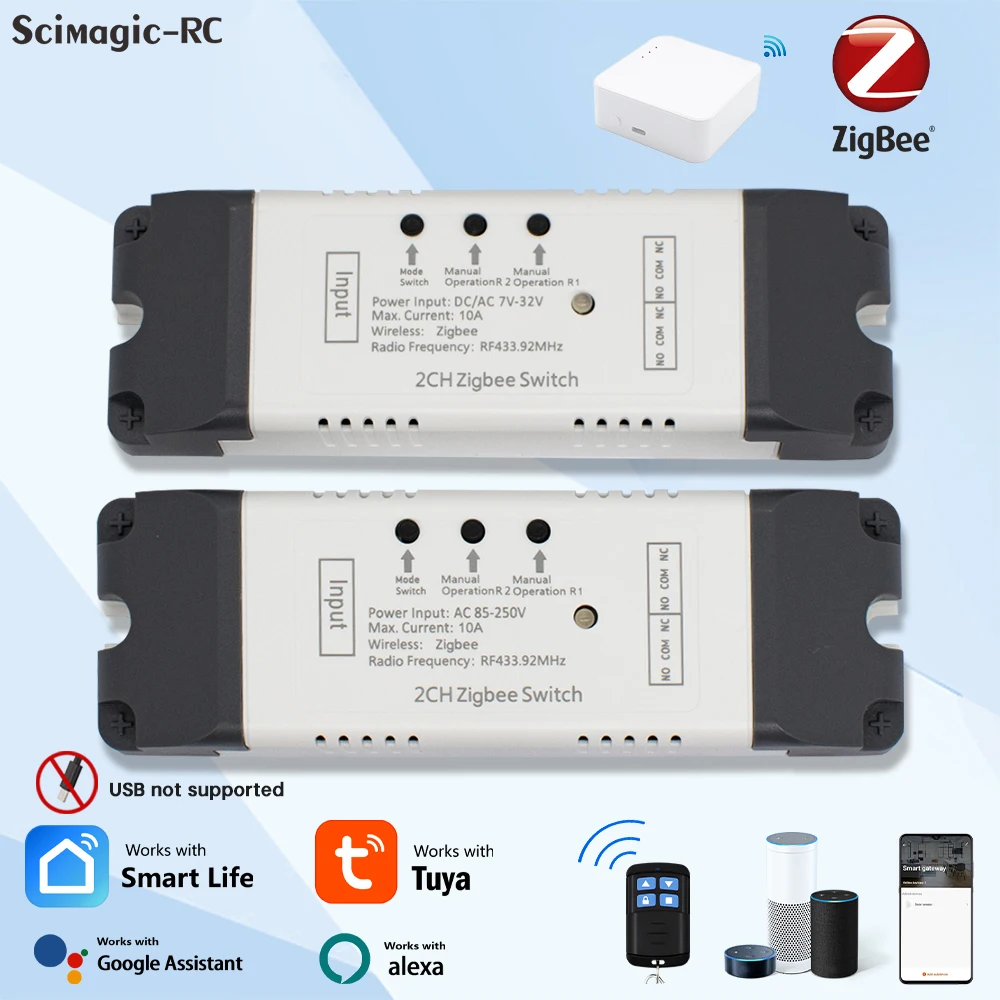 2CH Tuya Zigbee 12V 24V 220V 230V Dry Contact Relay Module for Light Motor Garage Alexa Smart Switch Controller