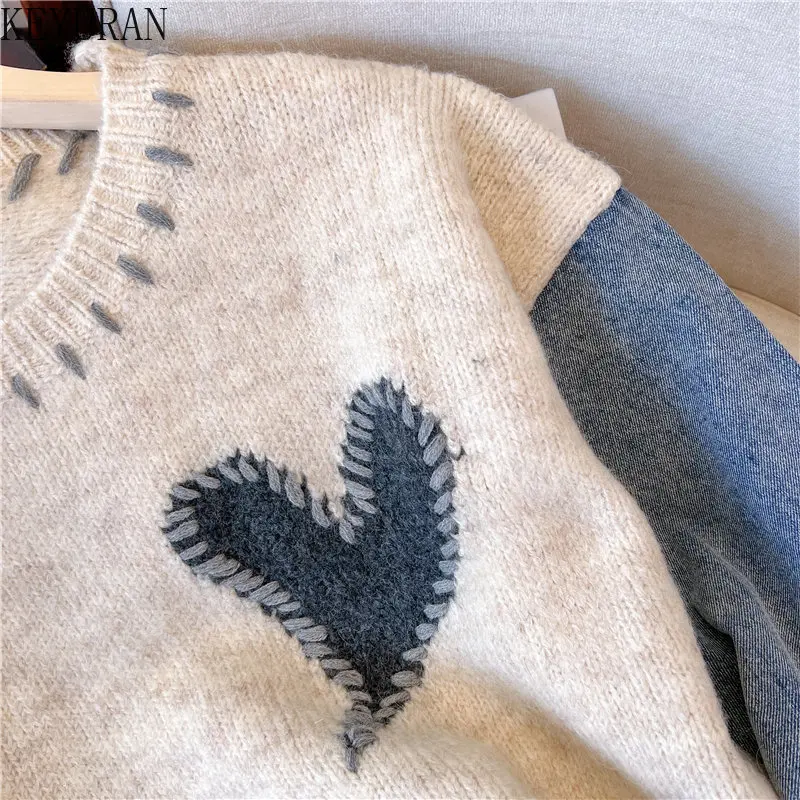 Denim Patchwork Sweater Women Pullovers Autumn Winter 2024 O-Neck Long Sleeve Tops Loose Heart Chic Simple Knitted Jumpers Femme