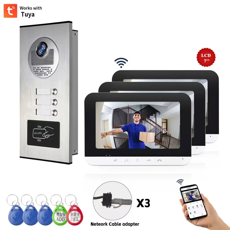 

7 Inch Apartment Intercom System Touch Screen Tuya Wifi Video Door Entry System for 2 3 Homes Villas Video Door Phone Doorbell