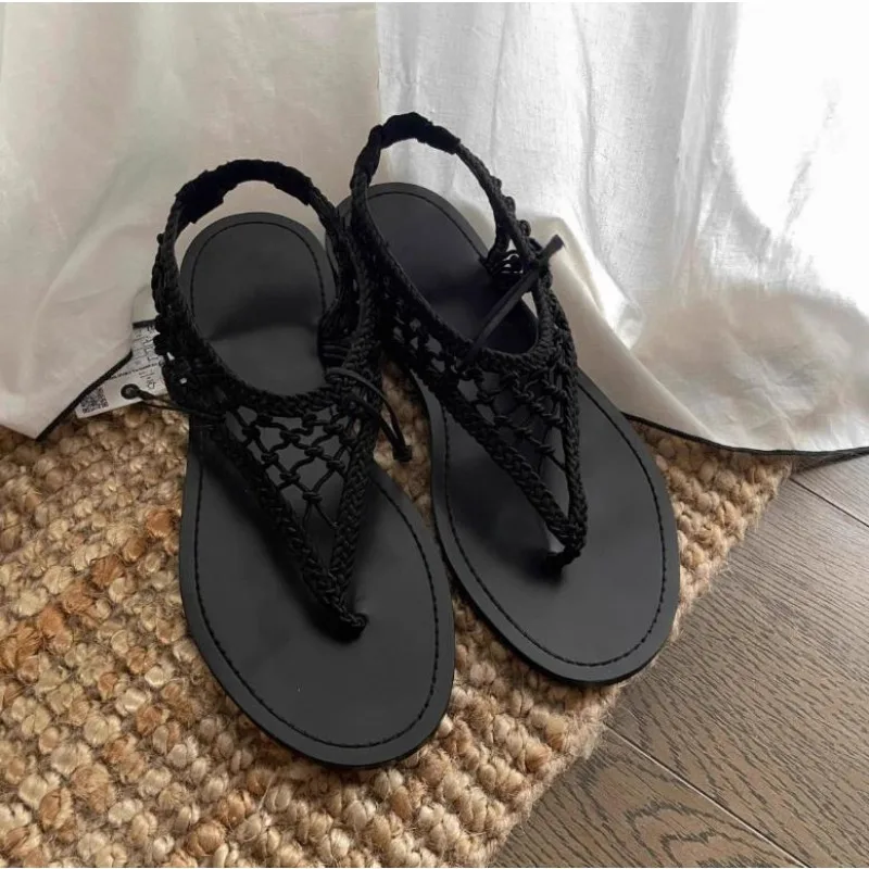 

Designer Sandals Shoes for Women 2026 Summer New Knitted Cool Flats Flip Flops Slippers Open-toed Black Hollow Sandalias Mujer