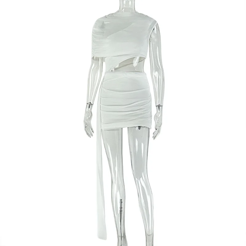 STYLISH LADY Elegant OL White Dress 2025 Autumn Women Short Sleeve O Neck Cut Out Bodycon Draped Mini Dress with Ribbons