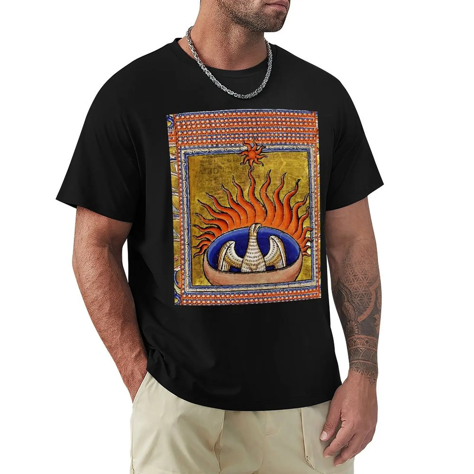 MEDIEVAL BESTIARY,PHOENIX IN RED FLAMES,TREE OF LIFE ,BIRDS,DRAGONS FANTASTIC ANIMALS IN GOLD RED BLUE COLORS T-Shirt