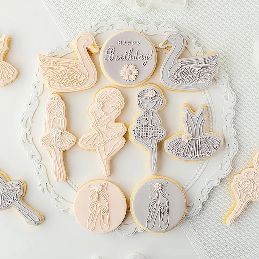 Ballet Girl Birthday Swan Cookie Plunger Cutters Fondant Cake Mold Biscuit Sugarcraft Cake Decorating Tools Cookie Stamp