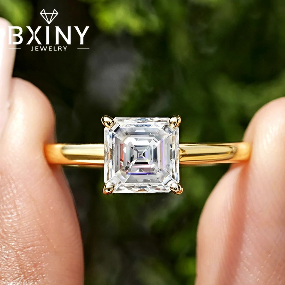 BXINY 1-2CT Asscher Cut Moissanite Rings 925 Sterling Silver Square Solitaire Diamond Wedding Bands for Women Daily Wear Jewelry
