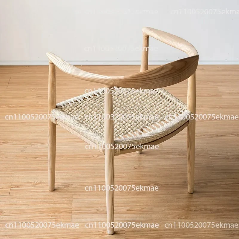 Simple Home Restaurant Solid Wood Woven Dining Chair Kennedy Braided Rope Armrest Back Book Chair