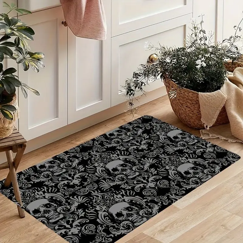VIKAMA Gothic Skull Damask Print Non‑Slip Floor Mat Vintage Dark Pattern for Kitchen Hallway Home Decor