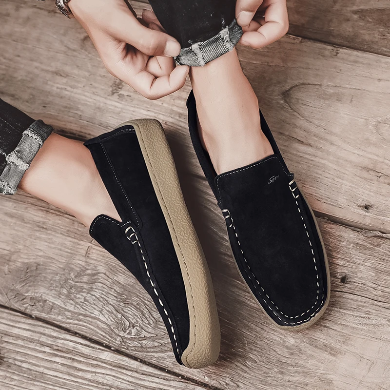 Summer 2023 Men Driving Shoes Loose Leg Snail Shoes Social Youth Pigskin Shoes Men Casual Slip-on Low Top Shoes Quality Leather