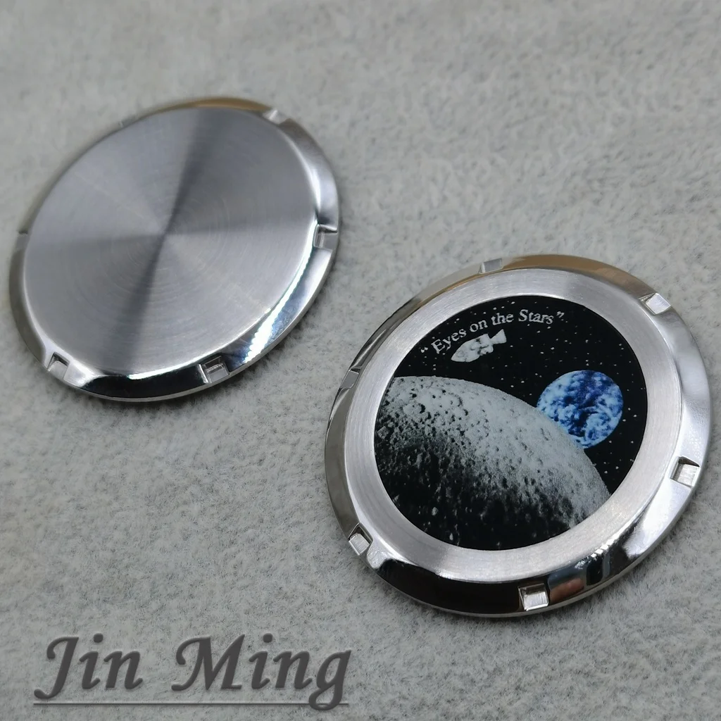 Stainless Steel Watch Case Back Moon Earth Pattern Bottom Cover Watch Replacement Part Fit VK63 Movement For Speedmaster Case