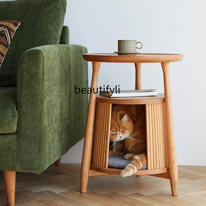 Nordic round Sofa Side Table Cat Nest Coffee Table Balcony Retro Bedside Table Wooden Coffee