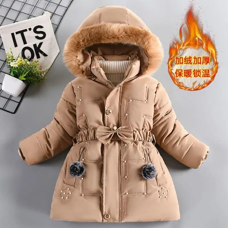 

2023 New Thick Keep Warm Winter Girls Jacket Detachable Hat Plush Collar Hooded Coat for Kids 4 Color Children Birthday Present