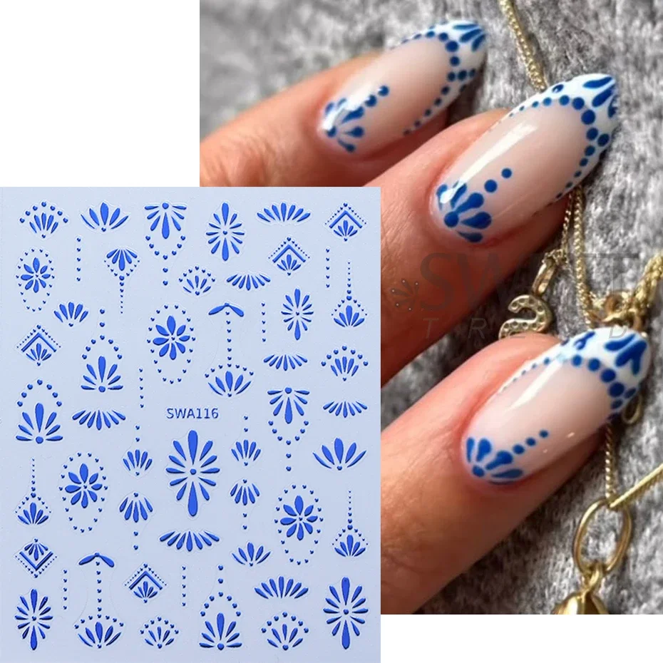 3 Stück Nagelaufkleber im böhmischen Stil, Gold, Silber, Blau, Blütenblätter, Linie, selbstklebend, Boho-Nagelaufkleber, DIY-Maniküre-Schieber, Dekor