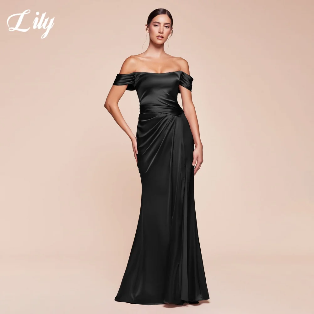 

Lily Elegant Modern Style Prom Dresses Scoop Off the Shoulder Prom Gown Satin Pleating Side High Split Formal Gown Customized