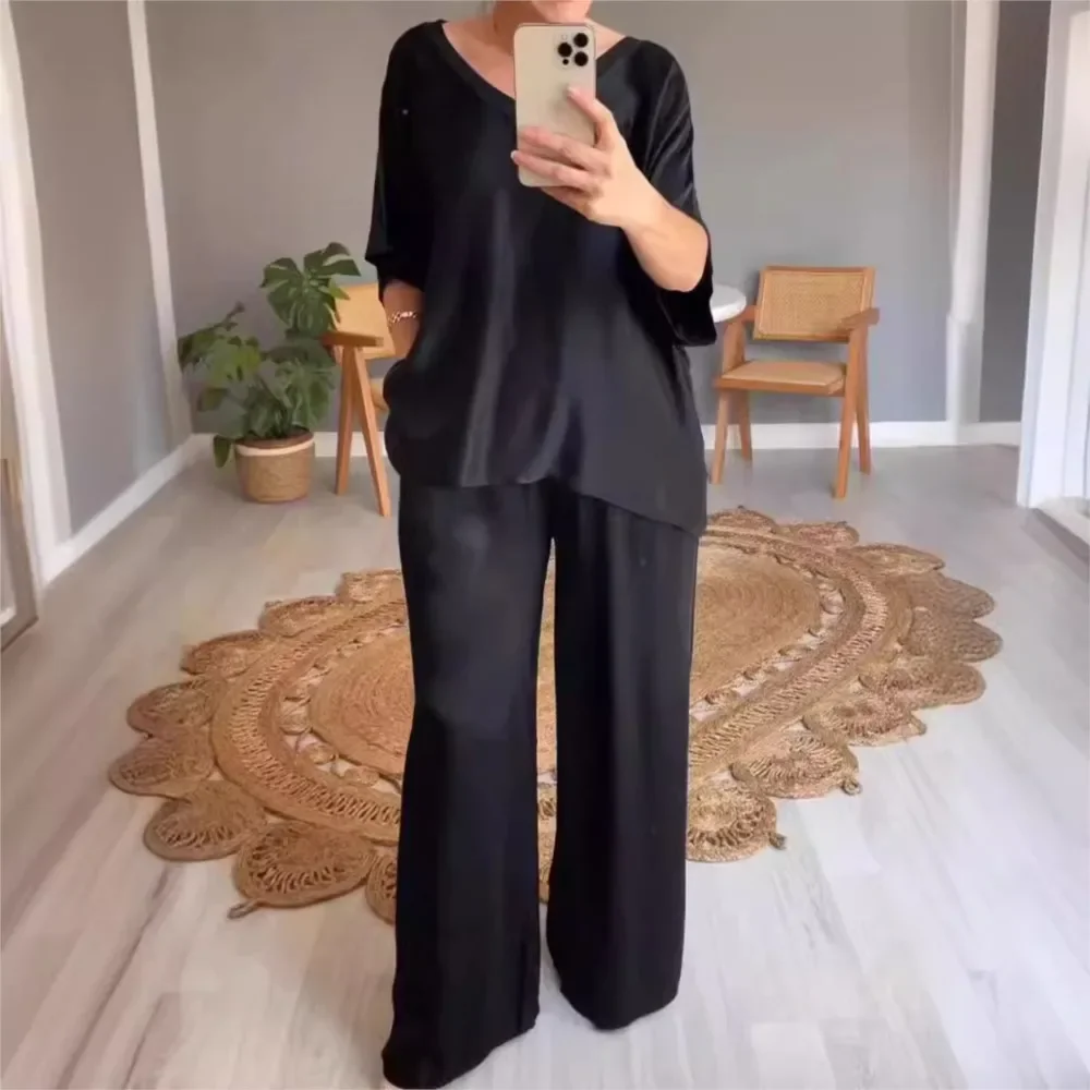 Elegant Solid Color Satin Women Suit 2024 Summer Autumn Short Sleeves Loose T-shirts Elastic Waist Wide Leg Trousers 2 Piece Set