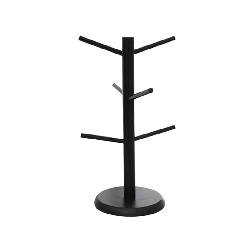 AB15-Soporte para tazas de café de bambú con 6 ganchos, árbol para tazas negro con Base gruesa, estante de almacenamiento para mostrador
