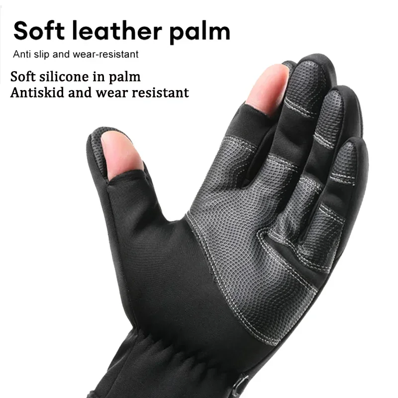 1Pair Winter Fishing Gloves Outdoor Exposed Two-finger Touch Screen Non-slip Glove Waterproof Wrist Elastic Warm Fishing Gloves