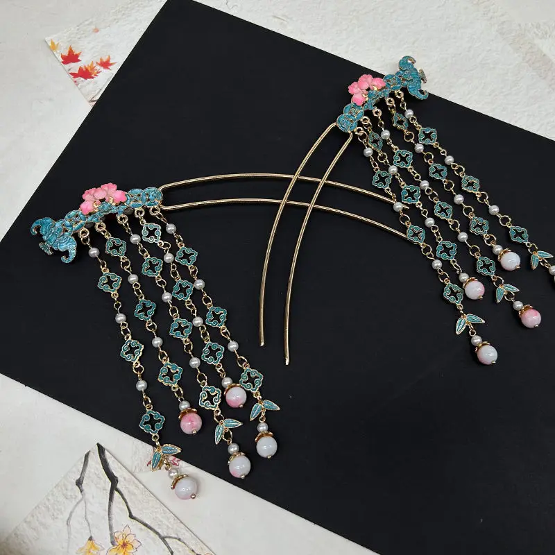 Womens Gold-plated Blue Flowers Beaded Tassel Hairpin Chinese Headwear