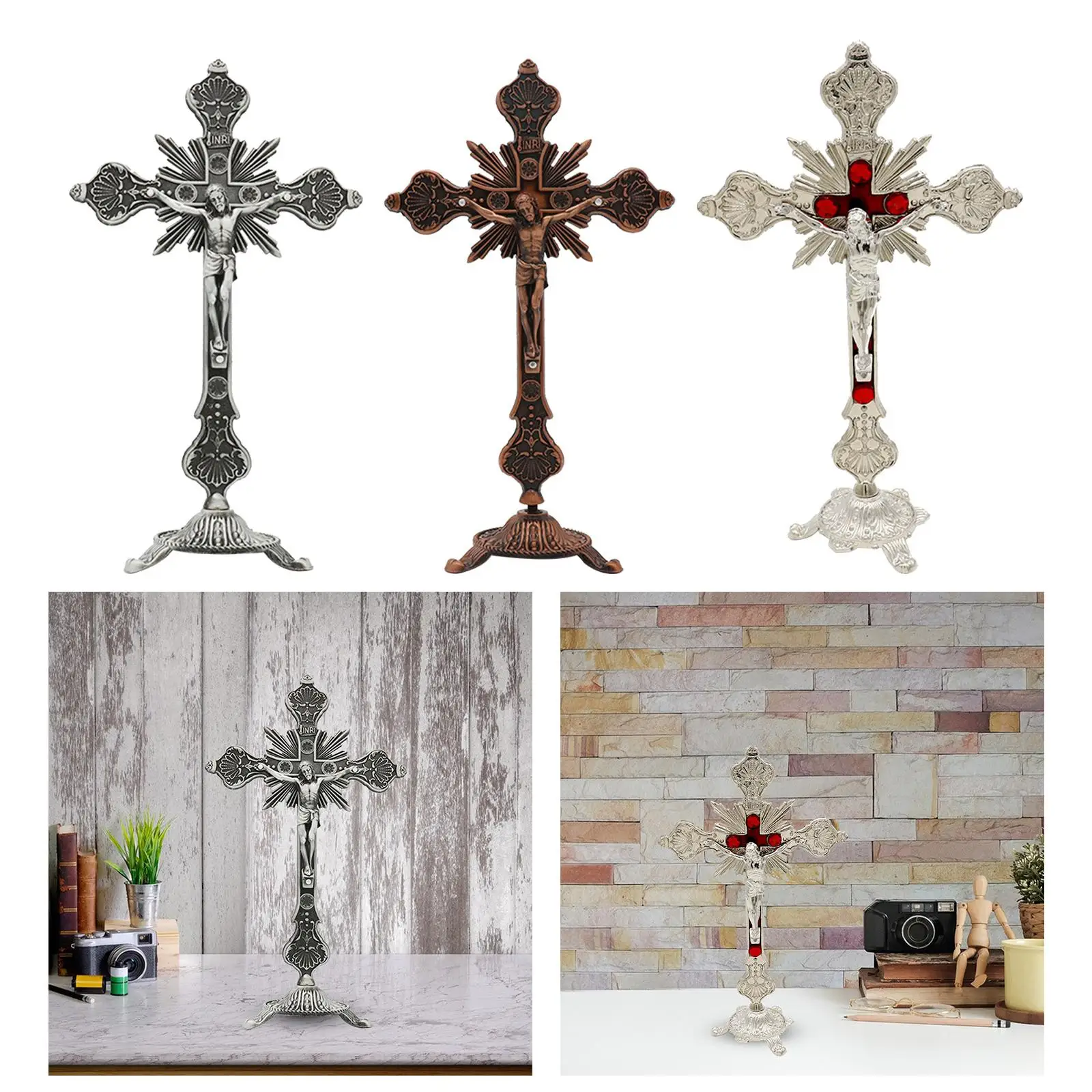 Standing Crucifix Catholic Small Religious Decorative Metal 10 Inches Crucifix with Stand for Altar Shelf Home Tabletop Ornament