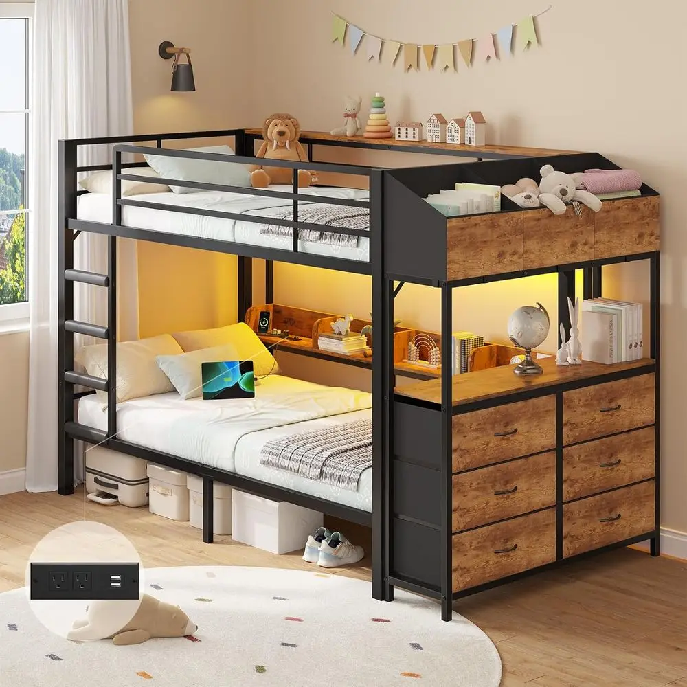 

Double Deck Bunk Bed with 6 Drawers, 3 Storage Boxes, Side Shelves, LED Lights, Charging Port, and Safety Rail