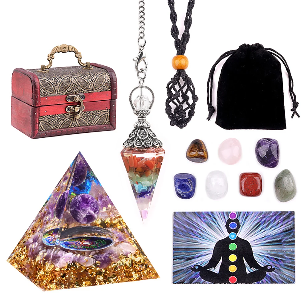 

Natural Healing Crystals Kit 7 Chakra Tumbled Stones Resin Pendulum Braided Rope Amethyst Orgone Pyramid Yoga Card Set with Box
