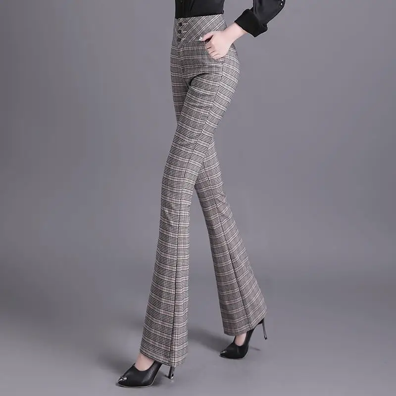 American Vintage Casual Summer Flare Pants New Women Clothing High Waist Plaid Button Temperament Fashion Slim Straight Trousers