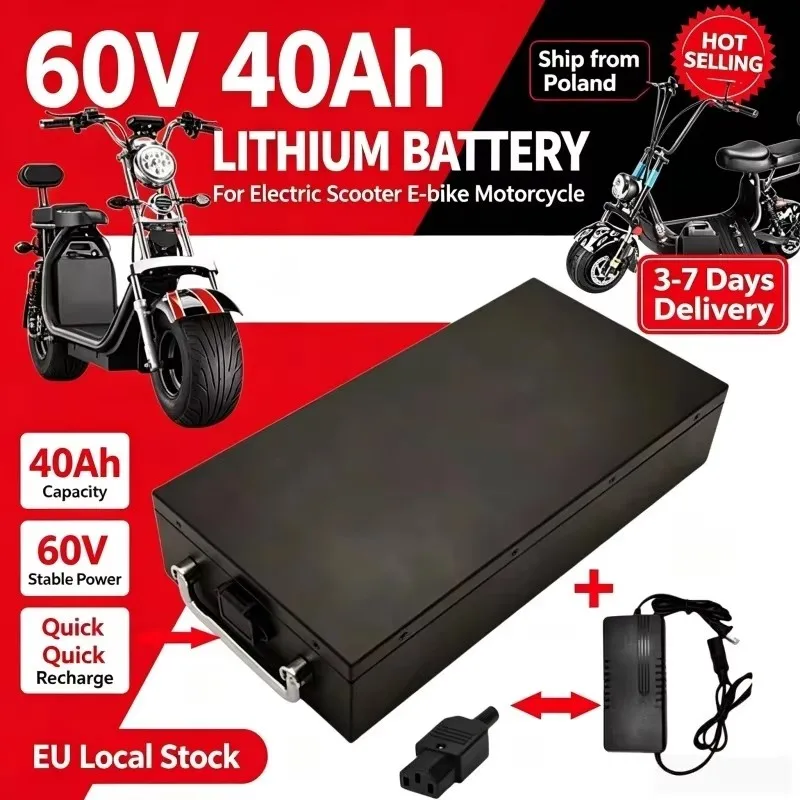 Neuer LIDIKALA 60V 20Ah-60Ah Hochleistungs-Lithium-Ionen-Akku mit integriertem BMS, 2000W Leistung, Ersatzakku für Harley-Style Citycoco Faltbarer Zweirad-Elektroroller E-Motorrad, mit kostenlosem