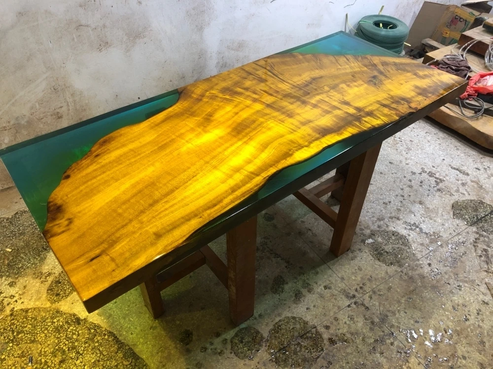Complete Dining Set with Natural Live Edge Design Green Epoxy Resin & Golden Silk Wood Slab Table
