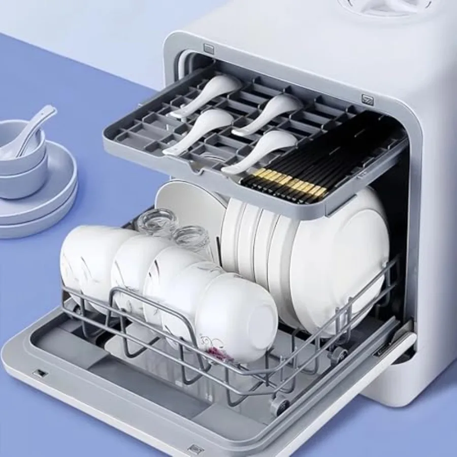 Portable Small Dishwasher Tabletop Fully Automatic with 4 Washing Modes and Drying Function Connects to Faucet or Manual Water