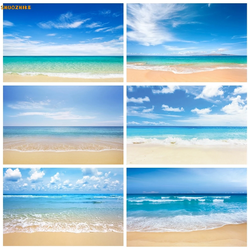 

Sunset Beach Waves Backdrop for Photography Summer Holiday Ocean Seaside Blue Sky White Cloud Sand Photocall Photo Background