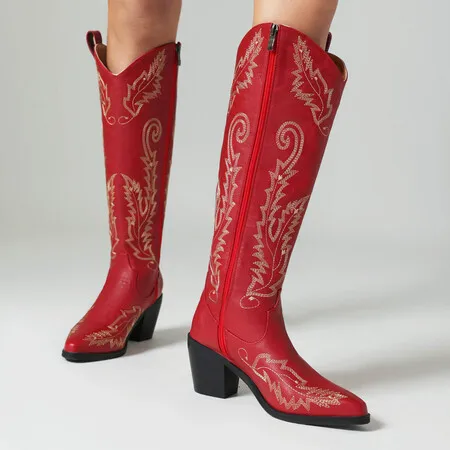 Stivali da Cowboy per donna ricama tacco grosso scarpe da Cowgirl in pelle rossa al ginocchio Botas Western Botas Cowboy Femininas