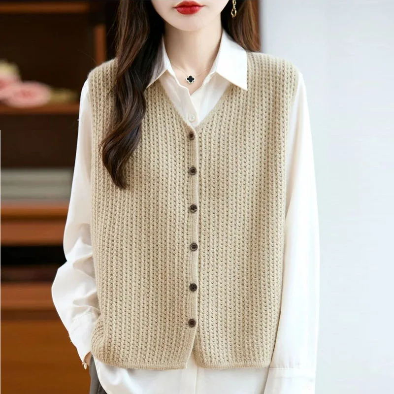 ملابس خارجية جديدة بدون أكمام سترة نسائية محبوكة سترة سوداء على شكل حرف v سترة متماسكة سترة نسائية سترات De Mujer Q1641 #1