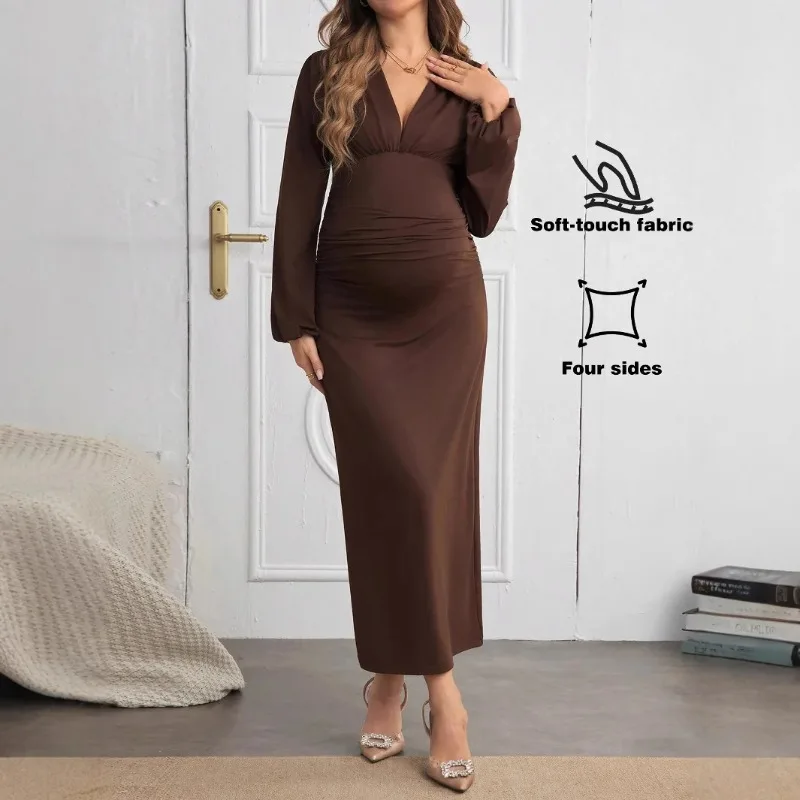 

Платье для беременных, одежда, платья, одежда для фотосессии, платье с длинными рукавами, однотонная плиссированная юбка с v-образным вырезом