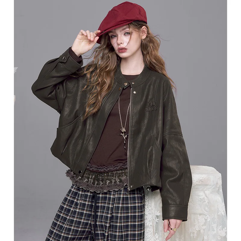 ELFSACK 2025 가을 신상 스트리트웨어 솔리드 루즈 숏 스탠드업 칼라 가죽 재킷 여성용