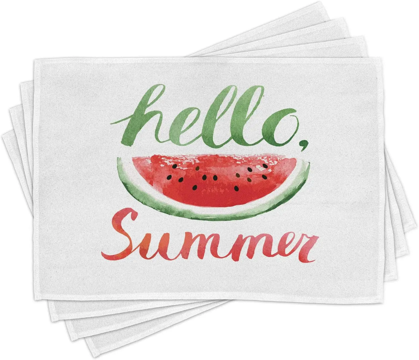 Hello Summer Place Mats Set of 4, Watermelon Calligraphy Fruit Food Summer Painting Effect Modern, Washable Fabric Placemats