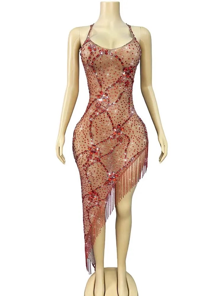 

Quality Rhinestone Tassel Sexy Suspender Irregular Dress 2025 New Fashion Custom Women'S Clothing