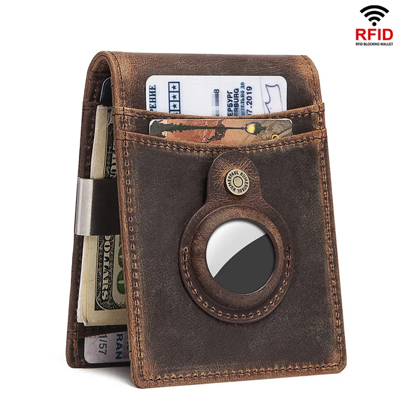 New Airtag Wallet RFID Luxury Genuine Leather Wallet With Apple Airtag Case Anti-lost Airtag Card Bag Men Coin Purse Cardholder